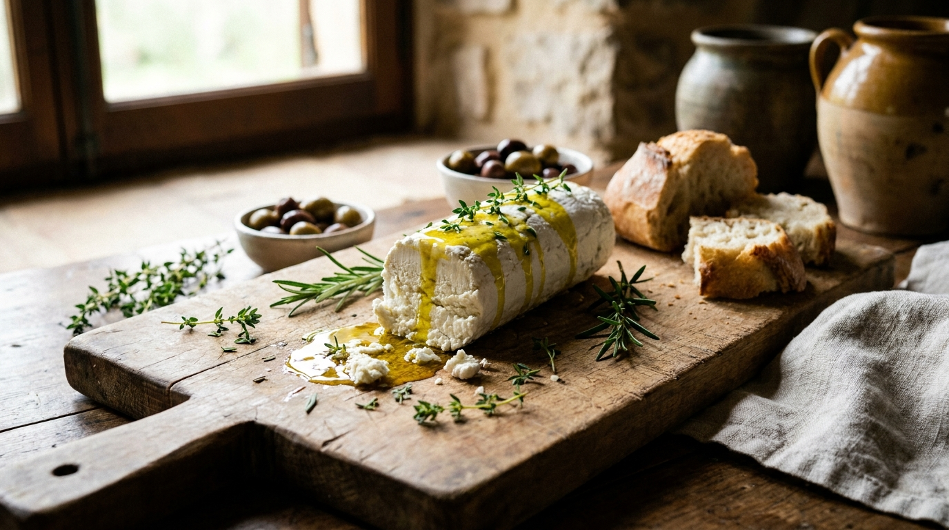 Formaggio di capra fresco su tagliere di legno con erbe aromatiche — cascina L'Isola Felice Lombardore