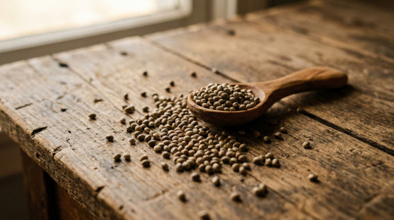 Semi di canapa sgusciati su superficie rustica con cucchiaio di legno — prodotti naturali km0